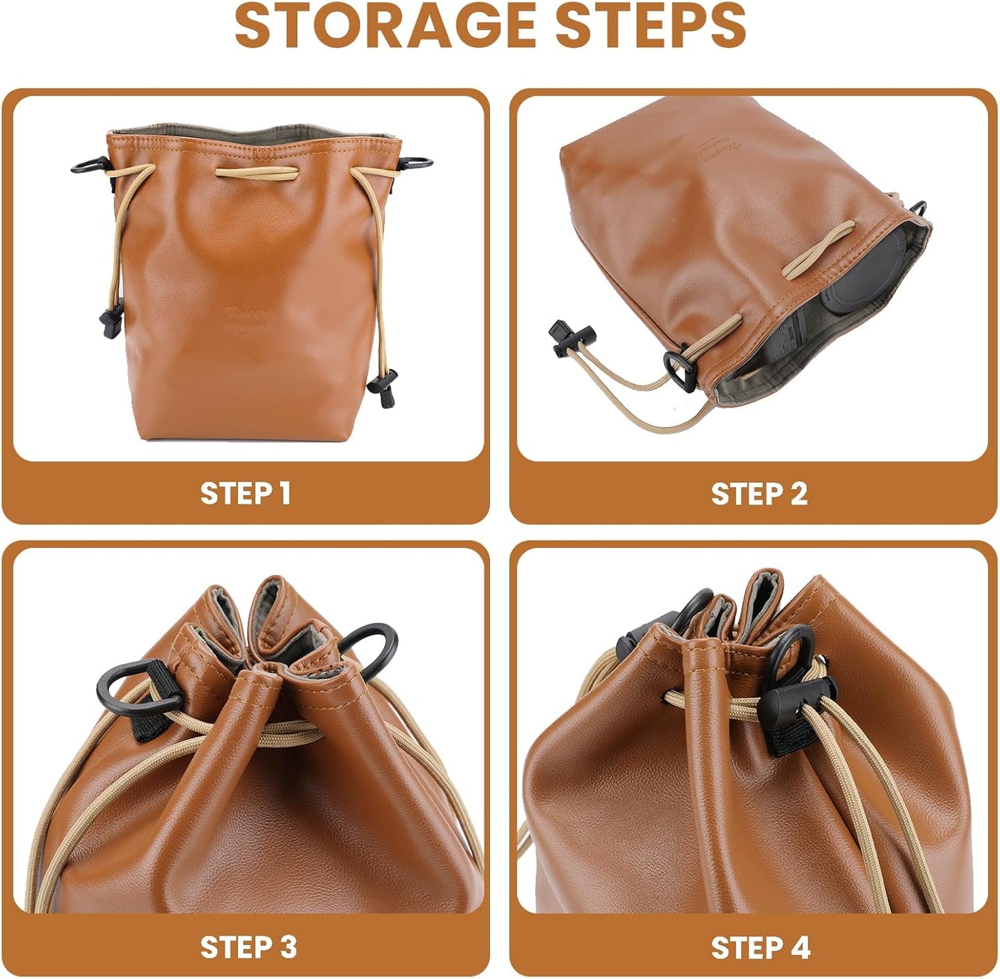 Gabrella Drawstring Camera Bag, Brown Leather Camera Bag with Protective Interior, Comfortable Travel Camera Storage