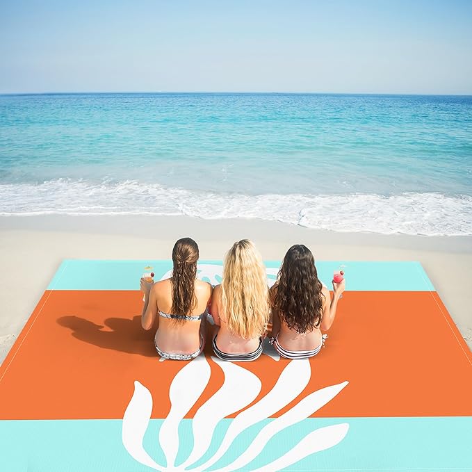 Beach Blanket Waterproof Sandproof Oversized, 9 Ft X 10 Ft Extra Large Sand Free Beach Mat with 4 Stakes, Compact Outdoor Essentials with Storage Bag for Beach, Picnic, Camping, Travel