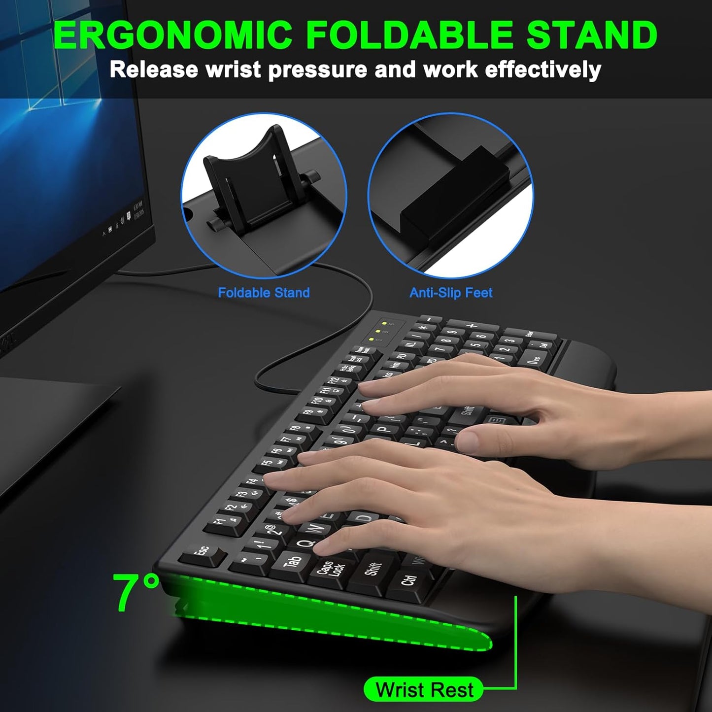 QUASIO 4X Large Print Ergonomic Keyboard, Full Size Keyboard with Wrist Rest, Silent Wired USB Computer Keyboard