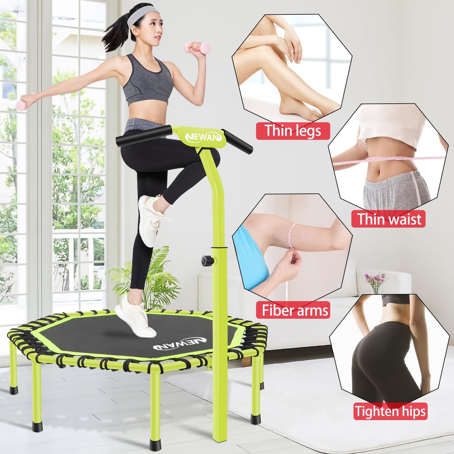 Newan 48" Fitness Trampoline with Adjustable Handle Bar, Silent Trampoline Bungee Rebounder Jumping Cardio Trainer Workout for Adults - Max Limit 330 lbs Green
