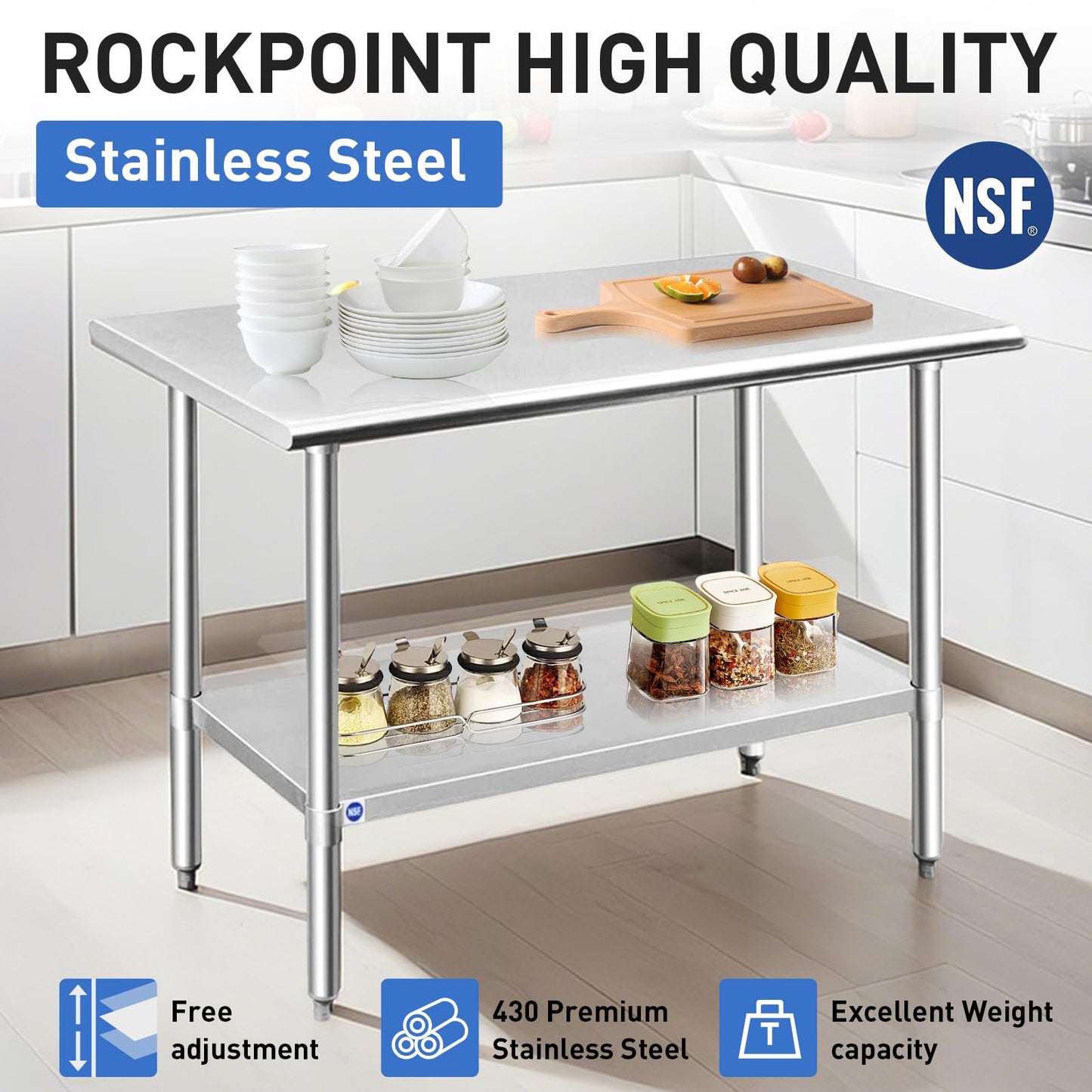 ROCKPOINT Stainless Steel Table for Prep & Work 24x60 Inches, NSF Metal Commercial Kitchen Heavy Duty Table with Adjustable Under Shelf and Table Foot for Restaurant, Home and Hotel