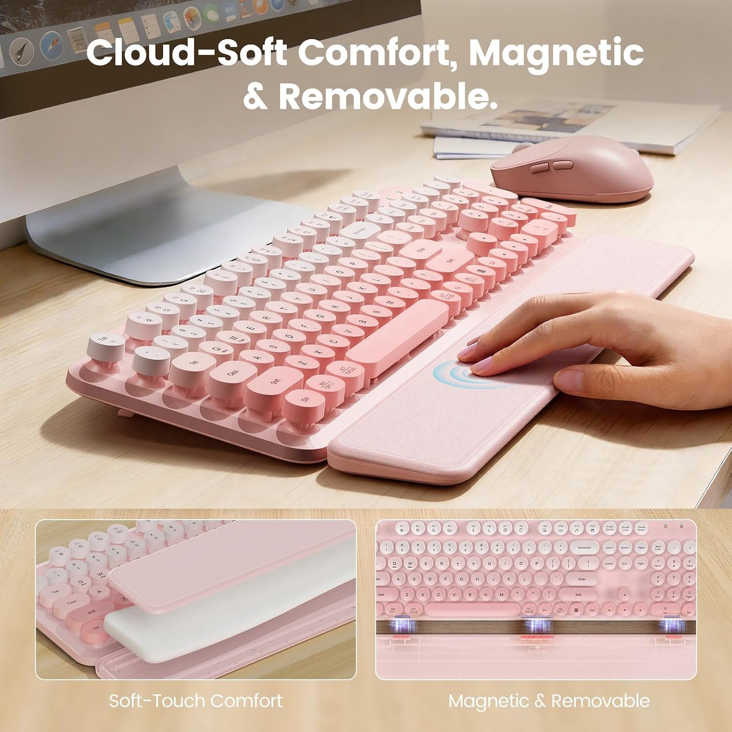 SABLUTE 2-Stage 2.4GHz Wireless Keyboard and Mouse Combo, Magnetic Soft-Touch Wrist Rest, Round Keycaps, Full-Size