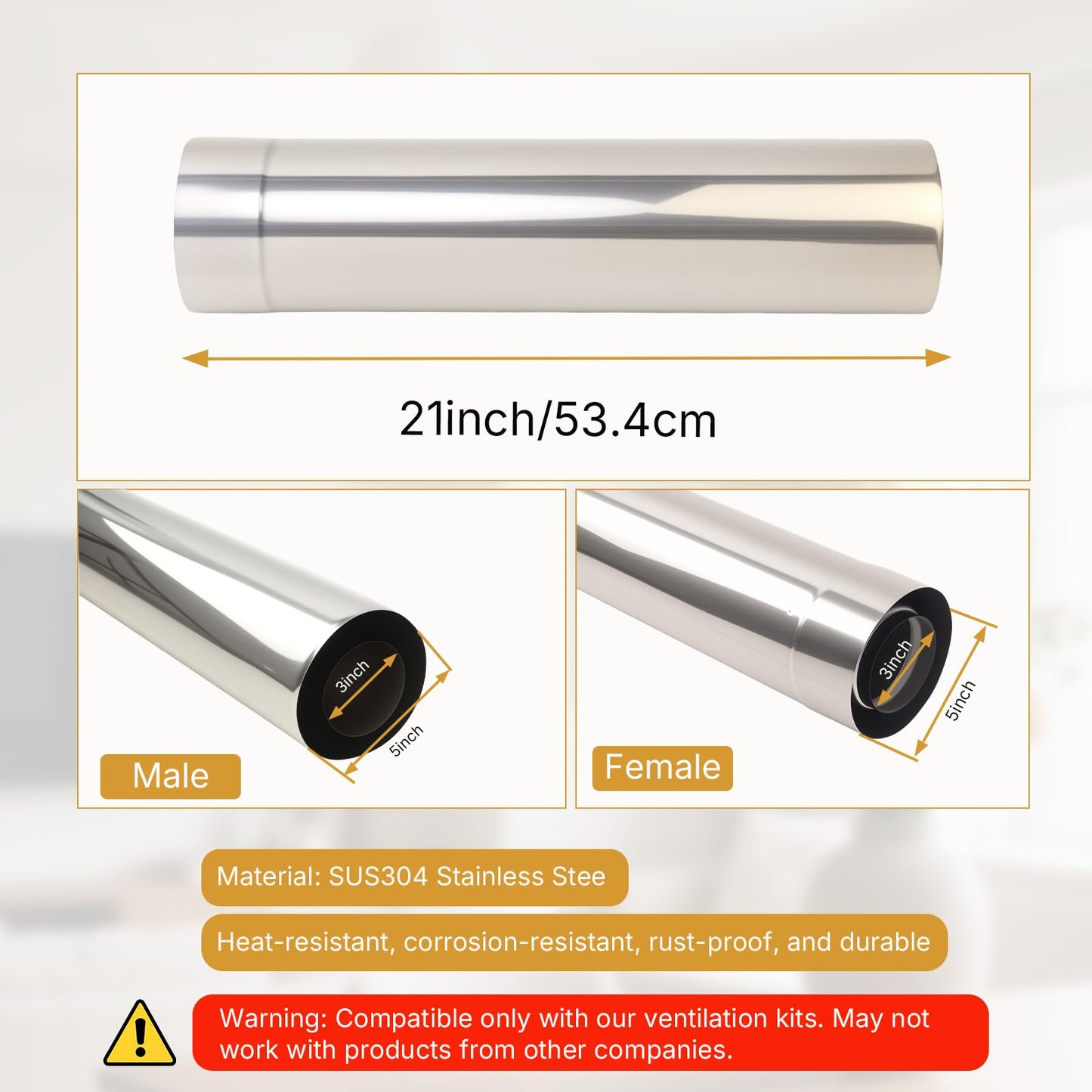 3"x5" Vent Kit, Compatible with Navien Rinnai Rhemm A.O. Smith 21" Stainless Steel Pipe for Tankless Water Heaters, 304 Stainless Steel