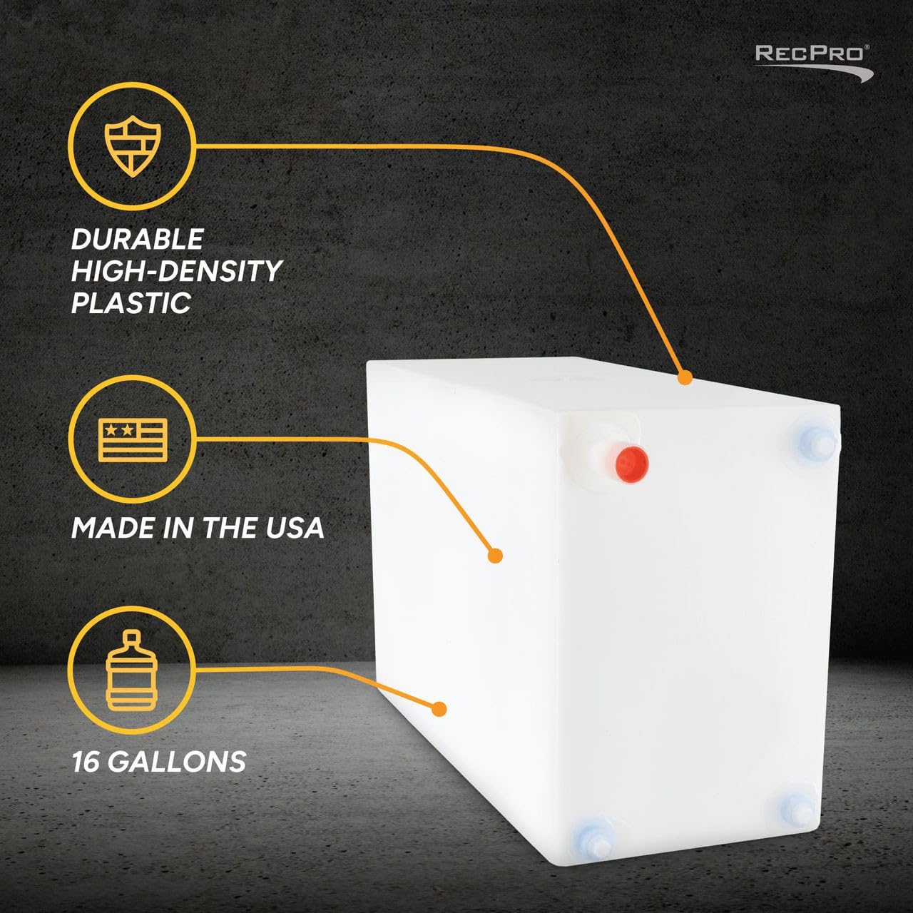 RecPro RV Fresh Water Tank 16 Gallon for Drinking and Potable Water | 24" x 10" x 15.5" | Fresh or Gray Water Plastic Storage | Made in America