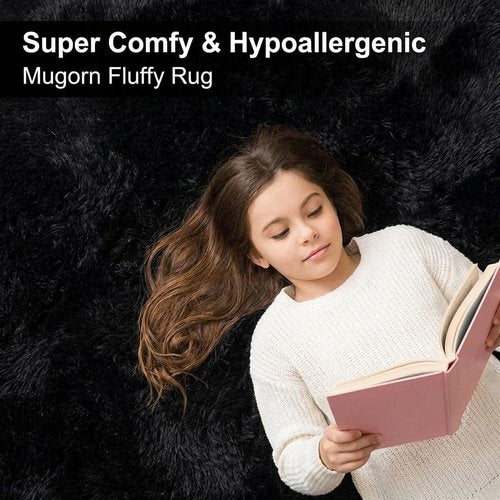 Mugorn Black Area Rug - Soft Fluffy Shag Carpet for Bedroom & Living Room | 2x3 Feet with Non-Slip Pads
