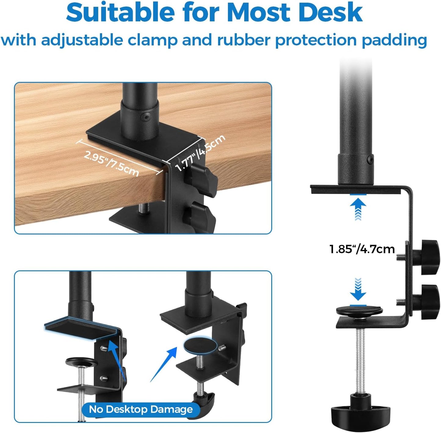 1/4" 14"-23.6" Camera Desk Mount Stand with Ball Head and Phone Holder Clip, Desktop Light Stand, Adjustable Light
