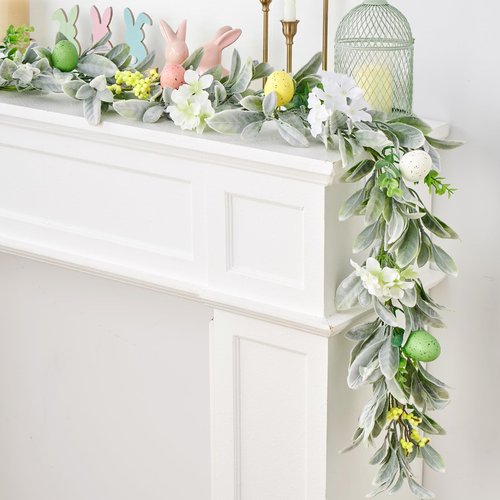 6 Ft Easter Garland, Easter Egg Lambs Ear Garland for Mantle, Spring Summer Pastel Artificial Flower Garlands, Easter Decorations for Home Mantle Fireplace Indoor Decor