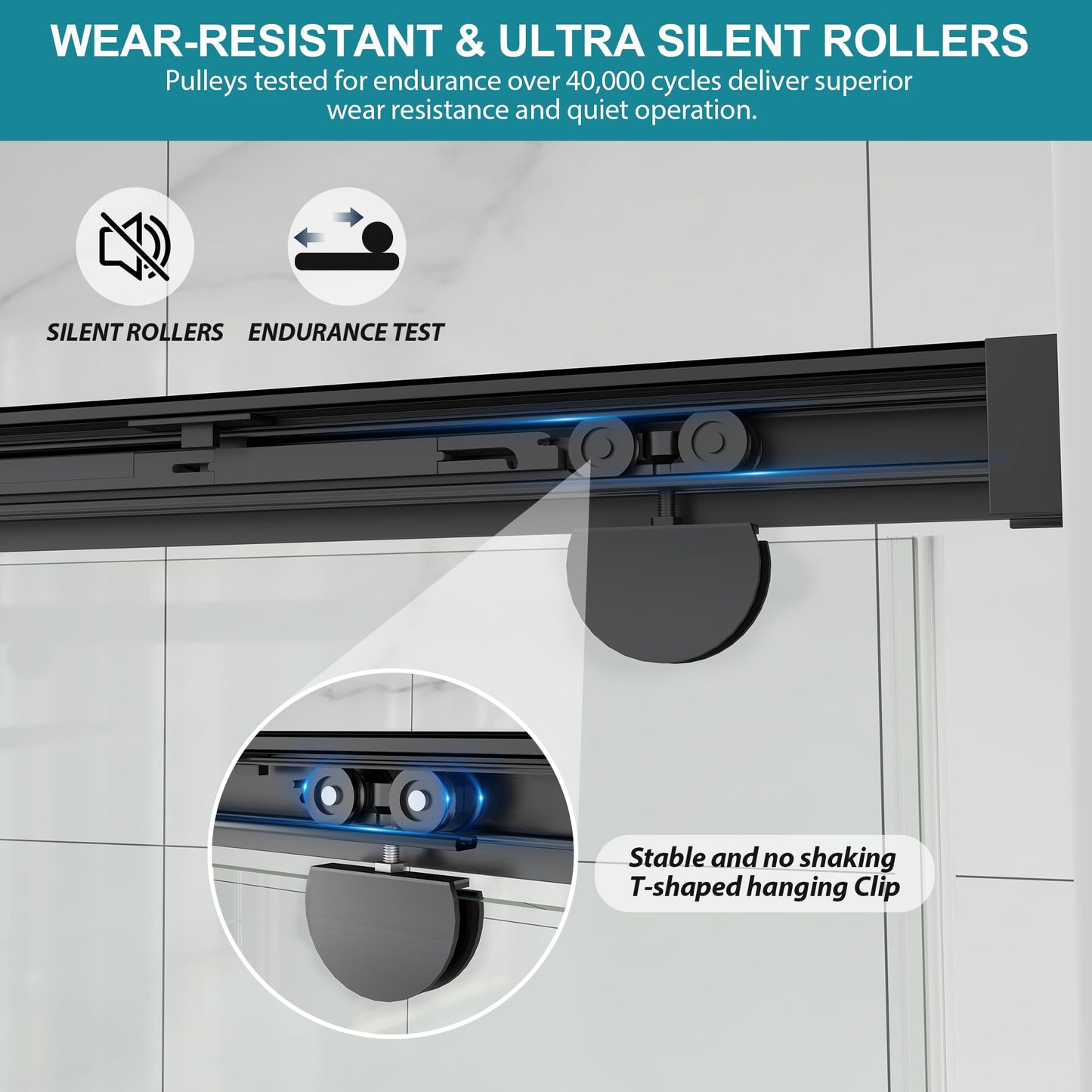 Frameless Shower Door with Soft-Close & Anti-Leak,5/16" (8mm) Double Sliding Shower Door,Nano Coating Anti-Explosion Film SGCC Tempered Glass 43"- 48" W x 76" H,Matte Black