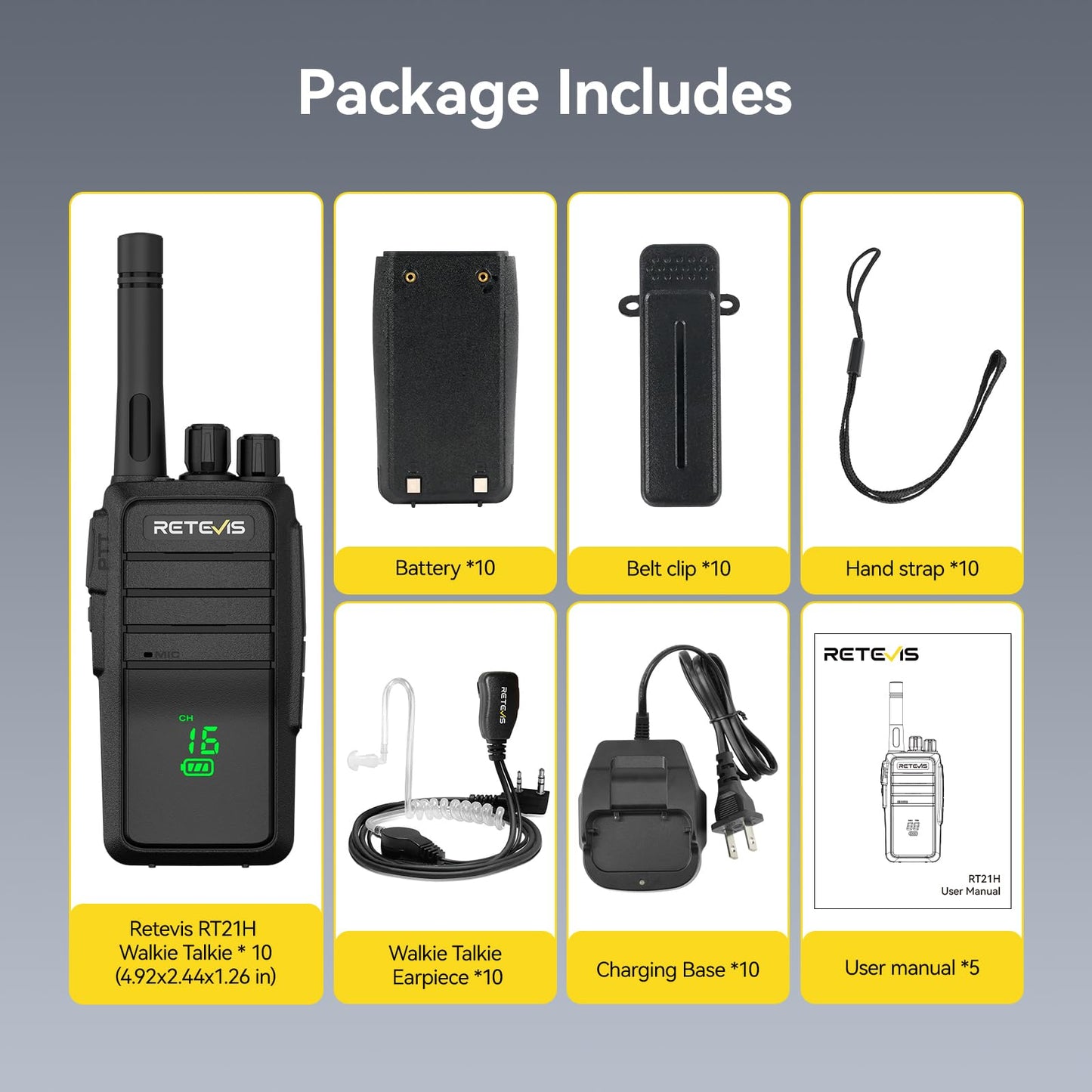 Retevis RT21H Walkie Talkies for Adults, Long Range Walkie Talkies, Hidden Display, FRS Two Way Radios with Earpiece, 1200mAh, Handfree, for Government Education Churches(10 Pack)