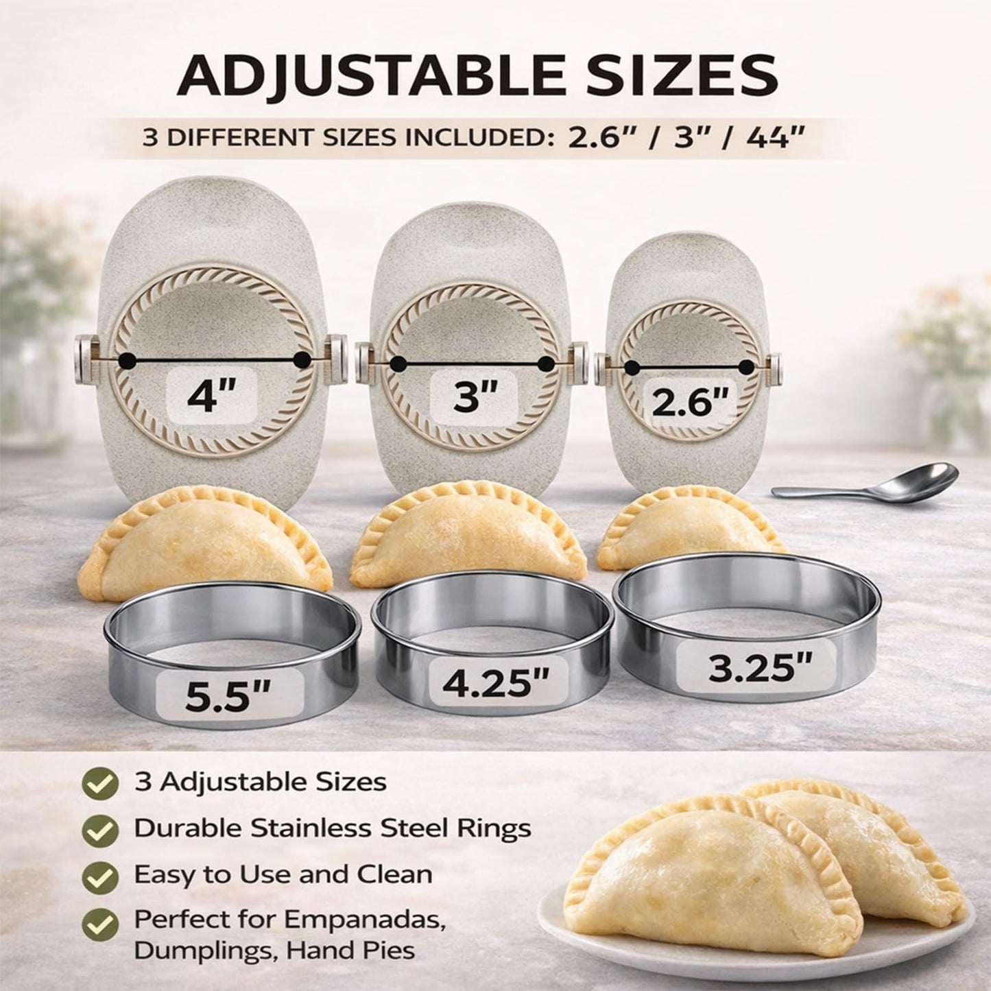 Dumpling Maker Set with Dough Cutter, Easy One-Press Dumpling & Pastry Press Mold for Home Cooking, No Leaking, Secure Seal, 3 Sizes (4", 3", 2.6")