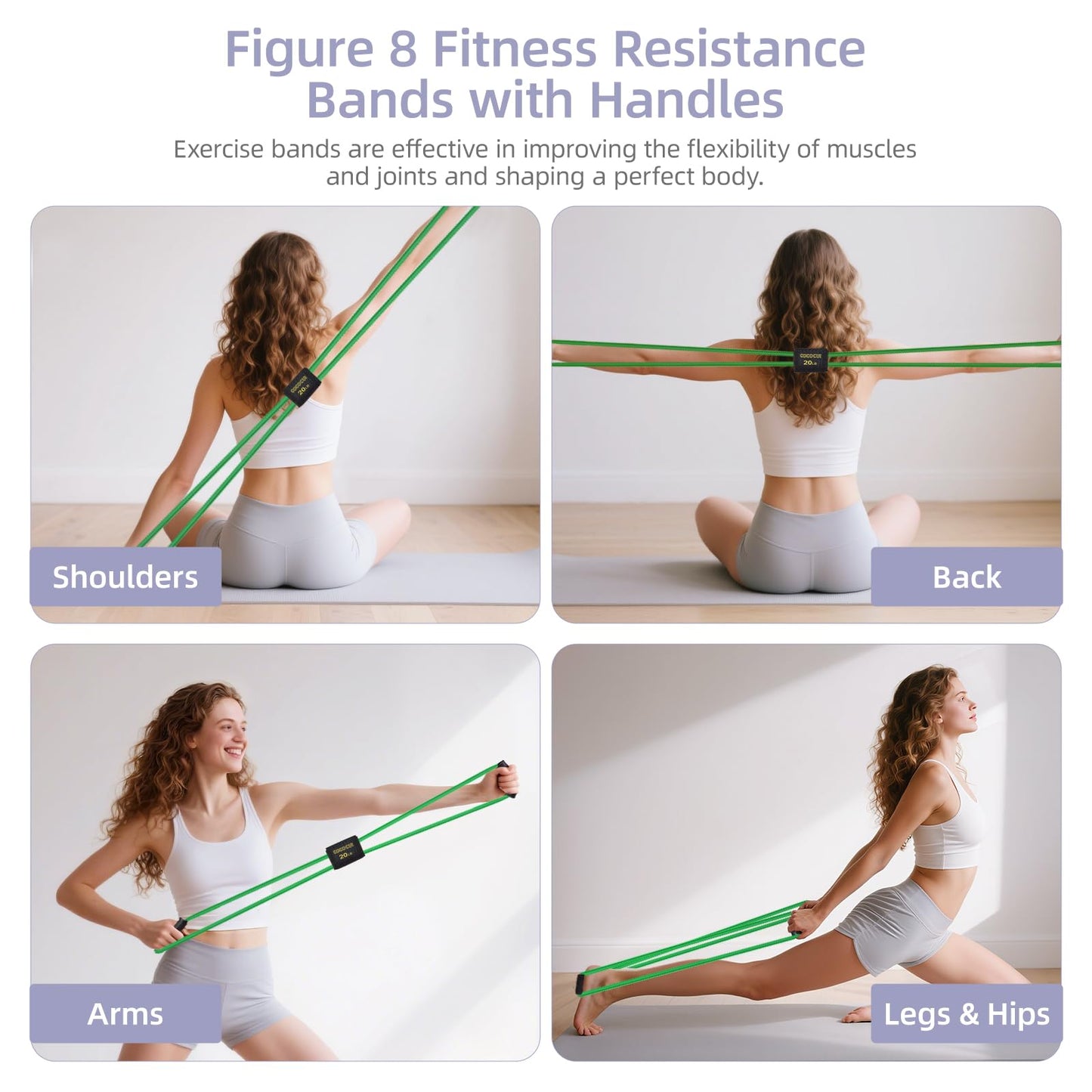 Figure 8 Resistance Bands with Handles for Women Men, Exercise Bands for Back, 8 Shaped Resistance Bands for Arms, Shoulder, Leg Stretching, Physical Therapy, Yoga, Pilates, Home Gym Workout Equipment