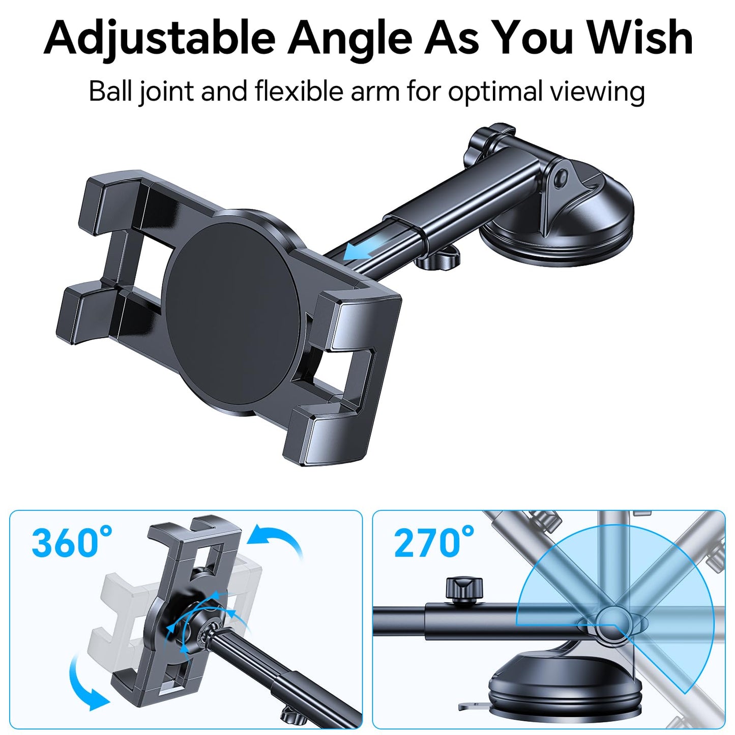 Tablet Holder for Car iPad Holder for Car【Windshield+Dash】Suction Cup ipad Mount for Truck Stand【360° 】Tablet Car Mount soporte de telefono para carro for All 4.7"-12.9" Apple iPad Samsung Galaxy Tab