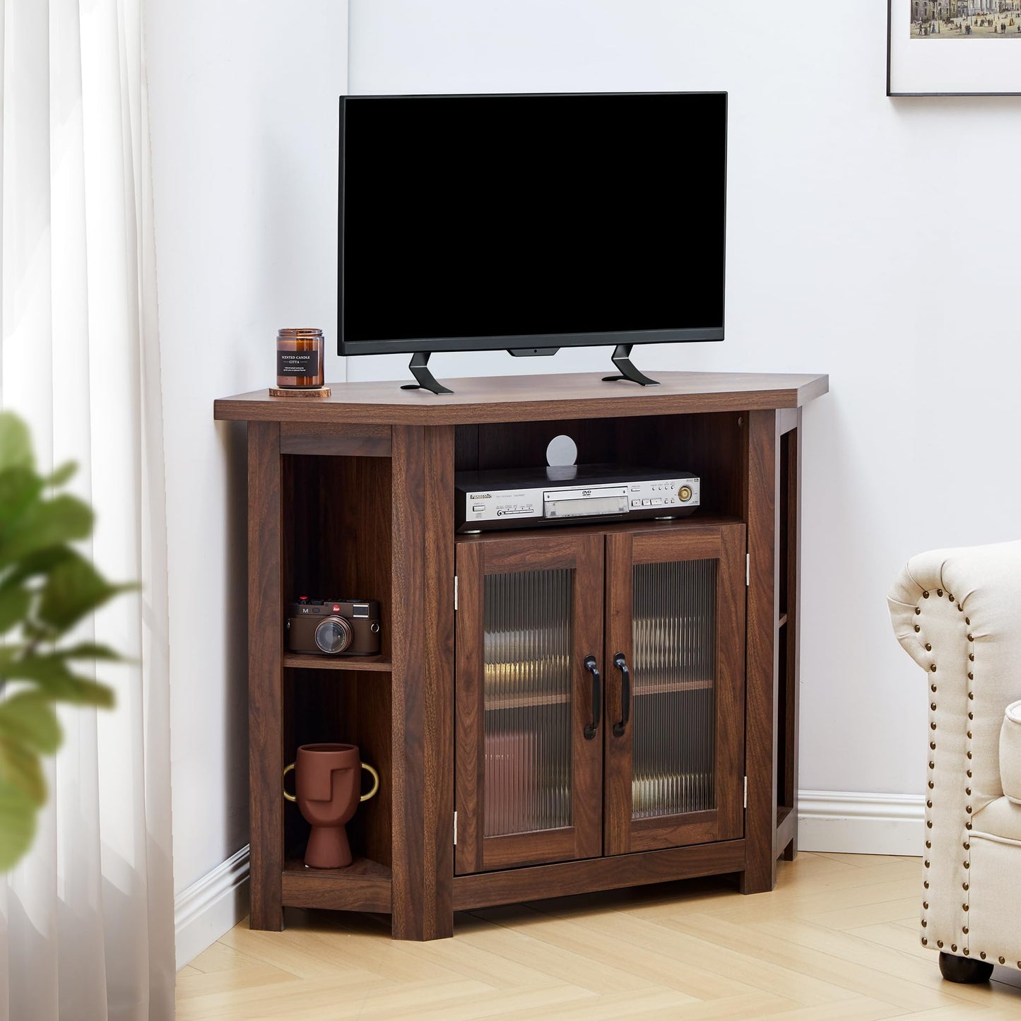 weselon Corner TV Stand for TVs up to 48 Inch, Media Entertainment Center with Storage Shelves and 2 Doors, Console Table Buffet Cabinet for Living Room Bedroom (Walnut)