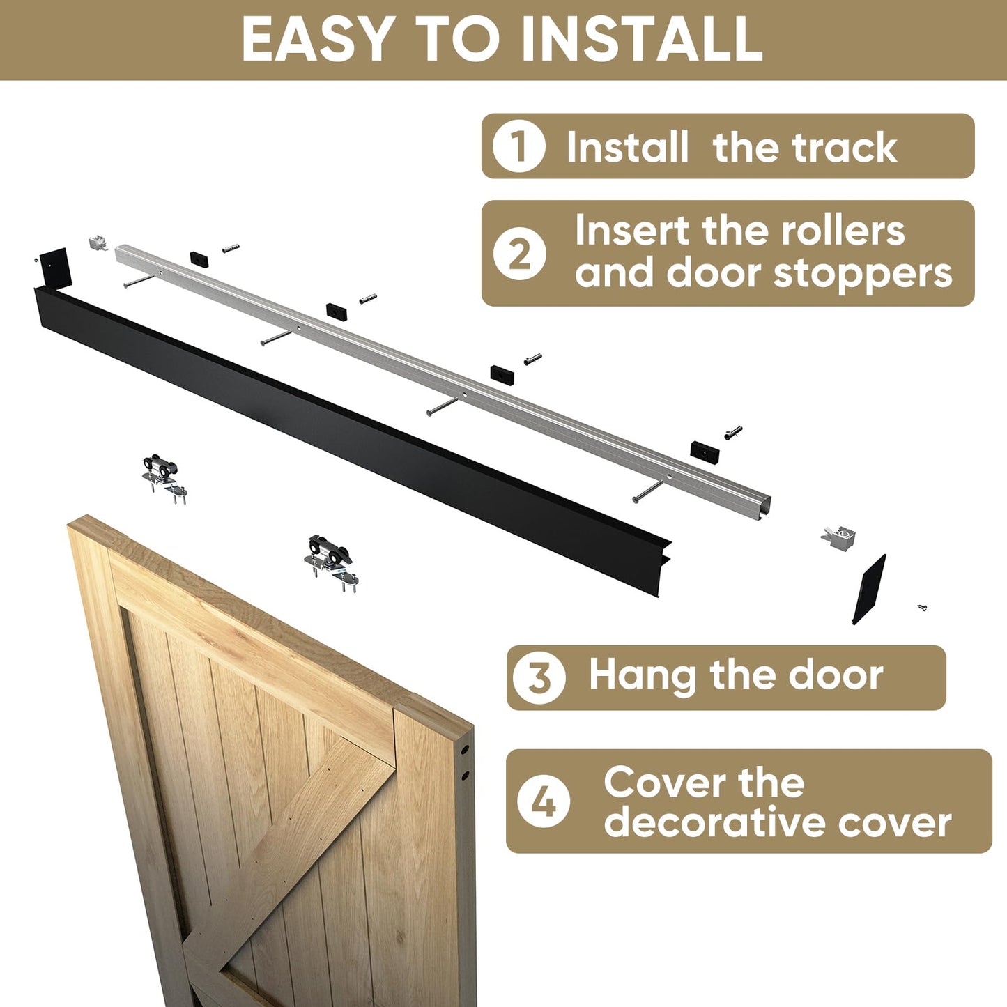 JUBEST 6FT Barn Door Hardware Kit, Aluminium Alloy Box Rail Hardware, Low Clearance Sliding Door Track for Classic Modern Interior Single Wooden Door,Black