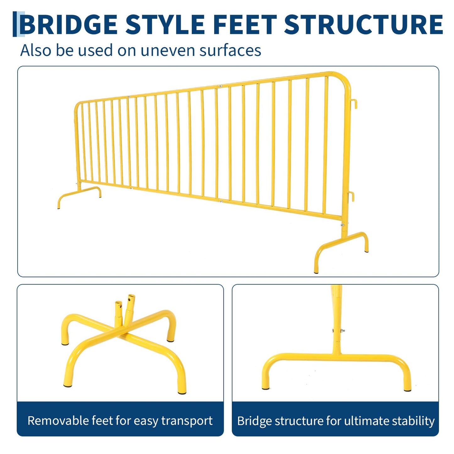 Garvee Interlocking Steel Barricade, 8.5 Ft. Heavy Duty Galvanized Metal Barricade, Interlocking Steel Road Barriers with with Bridge Feet Base, for Crowd Control Event Fencing Indoor/Outdoor, Yellow