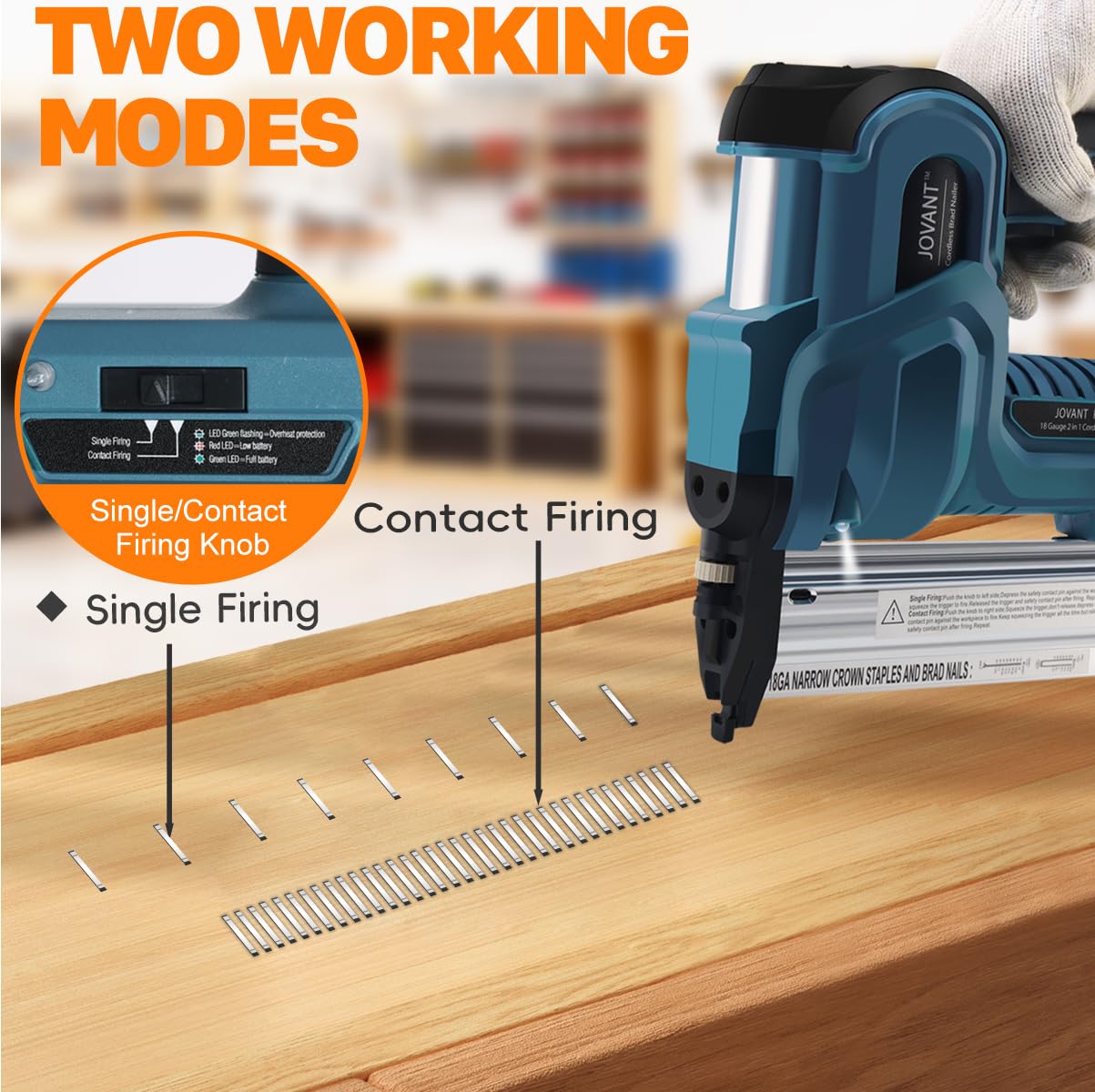 Brad Nailer Electric, 18 Gauge Brad Nail Gun, 2-in-1 Brad Nailer with 800pcs Nails&Staples, Nail Gun with 2×2.0Ah Batteries, for Woodworking, Home Improvement JOVANT