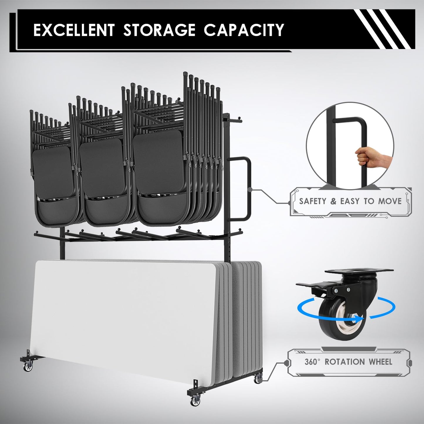 Folding Table And Chair Cart,Two Tier Folding Chair And Table Storage Rack With 800LBS Capacity For 84 Folding Chairs Heavy Metal Folding Chair Holder Rack with Rubber Locking Wheels,Straps and Cover