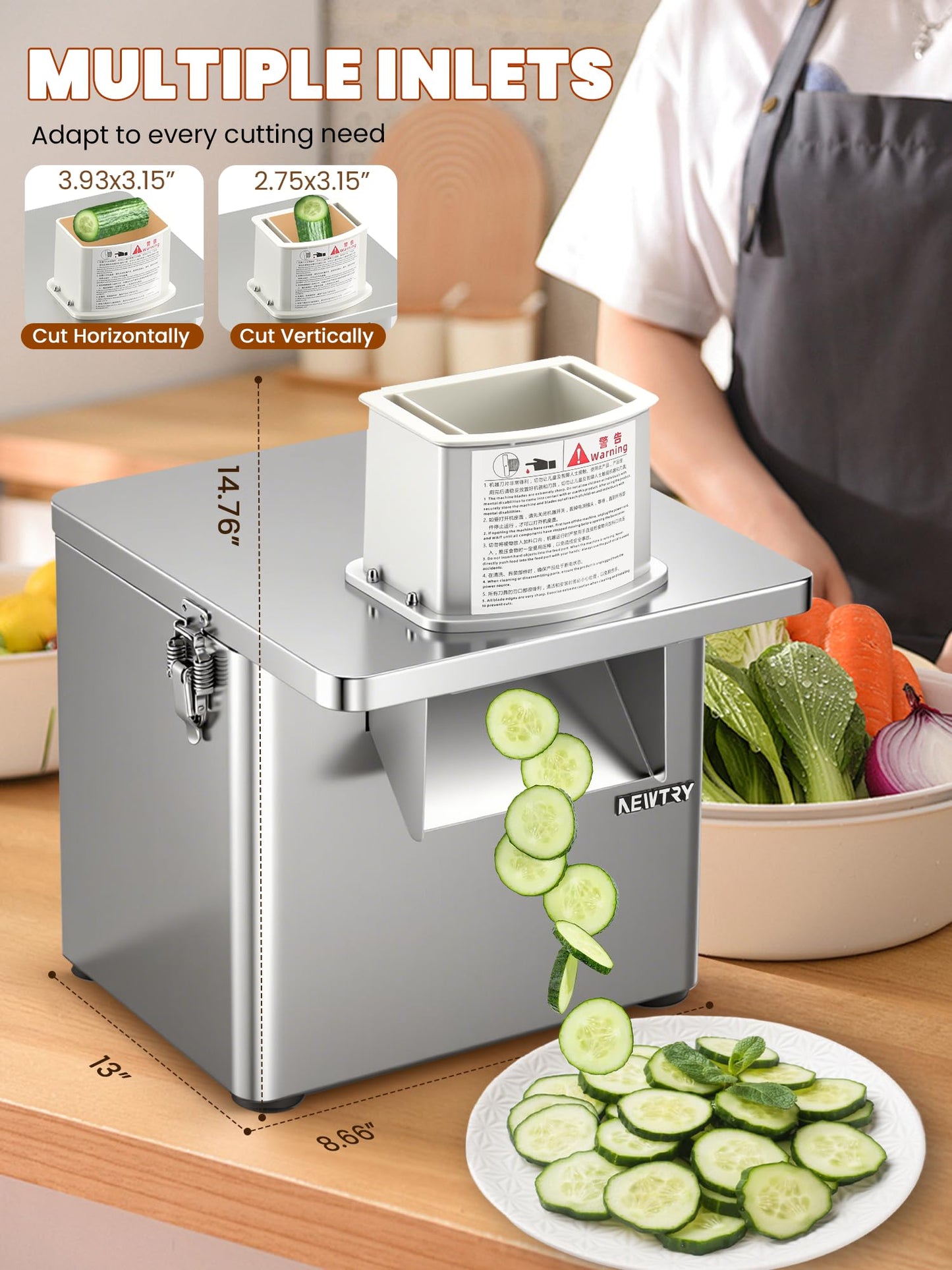 NEWTRY Commercial 4 in 1 Vegetable Processor, 250W Electric Vegetable Fruit Dicer with Slicer Shredder 6/8/10/13mm Dicing Grids, Automatic Slicer Shredder for Potatoes Carrots, Stainless Steel