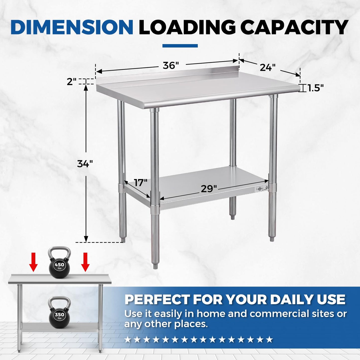 Profeeshaw Stainless Steel Prep Table NSF Commercial Work Table with Backsplash and Undershelf for Kitchen Restaurant 36x24 Inch