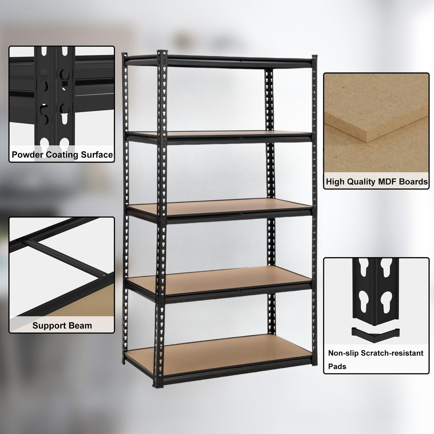 EliteEdge Garage Storage Shelves, 5-Tier Adjustable Storage Shelving, Heavy Duty Metal Utility Rack for Warehouse Basement Kitchen Pantry Laundry, Load 3850 Lbs, 48" L x 18" W x 73" H, Black