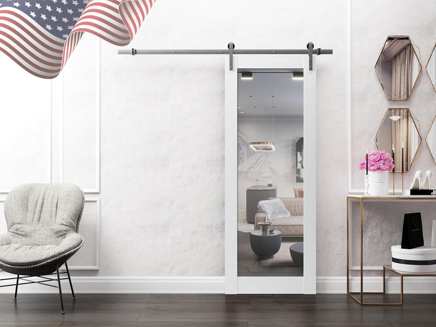 SARTODOORS Lucia 1299 | Interior Single Sliding barn Door with Mirror, Solid Wood, 30x80, White, Modern Style | Hardware Included