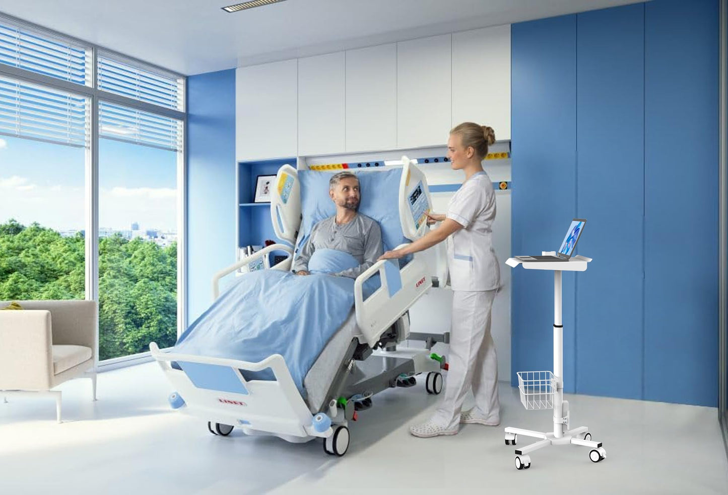 Mount Plus MB-C05 Medical Laptop Workstation Trolley Cart with Wheels, Oral Scanner Holder, Basket Storage | Height Adjustable Rolling Lab Cart with Large Tabletop for Dental Office, Hospital, Clinic