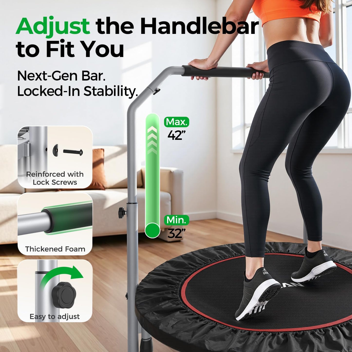 BCAN 40/48" Foldable Mini Trampoline Max Load 330lbs/440lbs, Fitness Rebounder with Adjustable Foam Handle, Exercise Trampoline for Adults Indoor/Garden Workout, Black