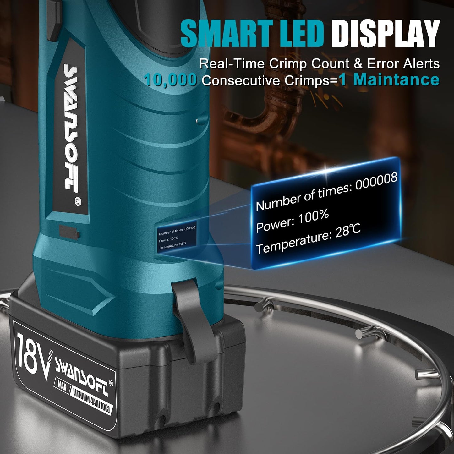 SWANSOFT Pro Press Tool, 18V 4Ah Battery Electric Hydraulic Crimping Tool for Copper Pipes with 3 US Compact VUS 1/2", 3/4'', 1",Jaws Pro Press Copper Plumbing Crimper Tool Kit (SWPR-12522T)
