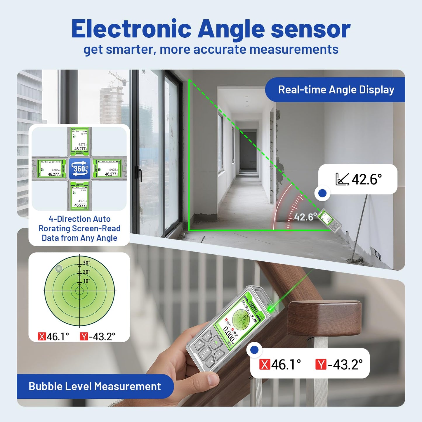 Huepar Pro Laser Measuring Tool, 495Ft Outdoor Laser Measure with Camera&Bluetooth Connected, Green Laser Distance Meter with P2P Technology, Free APP, IP68, Micro USB Cable, Hand Strap&Pouch-SW-150GQ