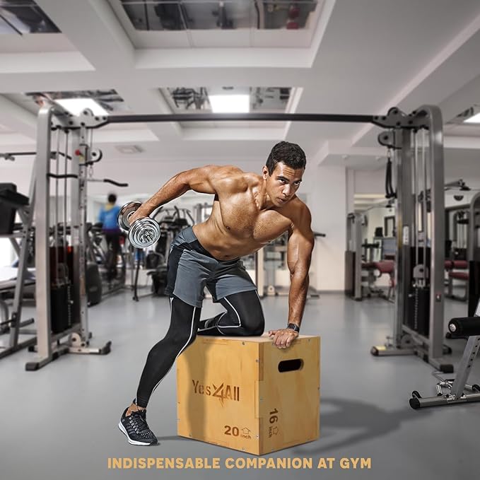Yes4All Plyo Box, 3-in-1 Wooden Box Jumps for Home Gym (12/14/16?¯in), 450 lbs Boxes Step Up with Smooth Edges & Wide Built-in Handles for Jumping, Strength Training, Lunges, Squats, Dips
