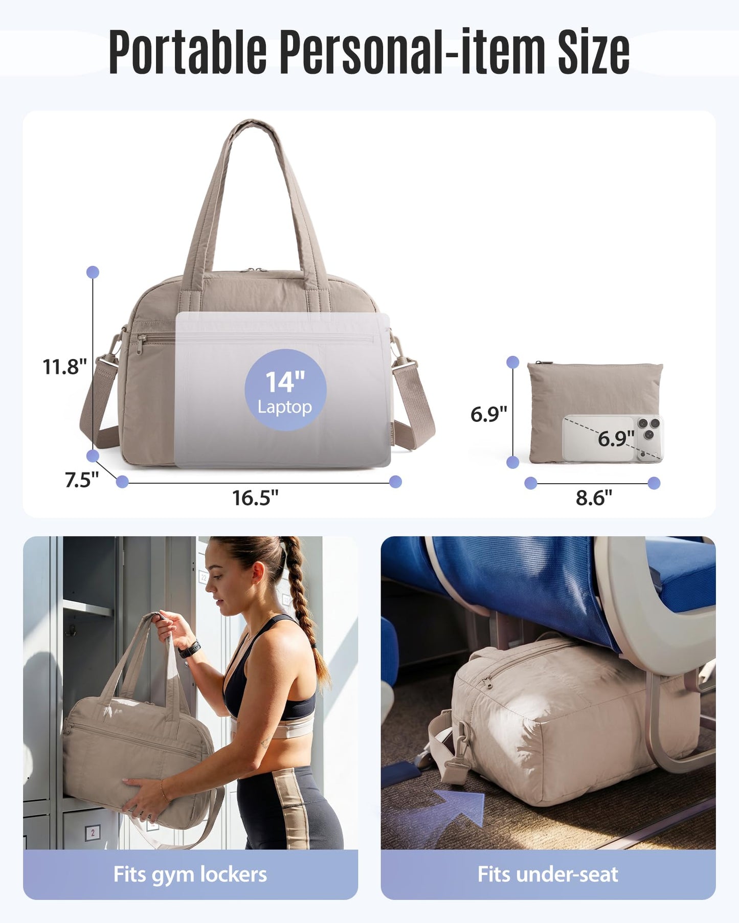 LIGHT FLIGHT Gym Bag for Women, Lightweight Personal Item Travel Bag, 20L Weekender Bag with Toiletry Pouch, Carry on Overnight Dance Bag, Camel
