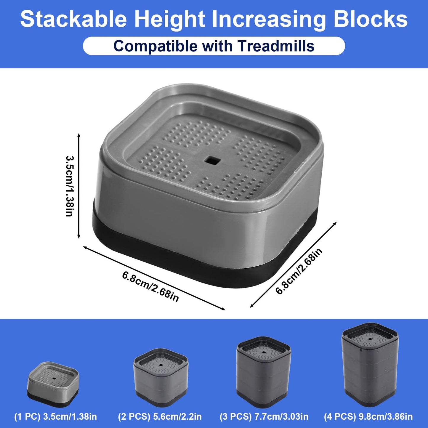 Penitue 4pcs Treadmill Incline Riser Blocks, Stackable Height Adjustable Incline Blocks Non-Slip Upgrade Ramp for Home Gym Leveling & Uphill Workout Treadmill Accessories(Grey)