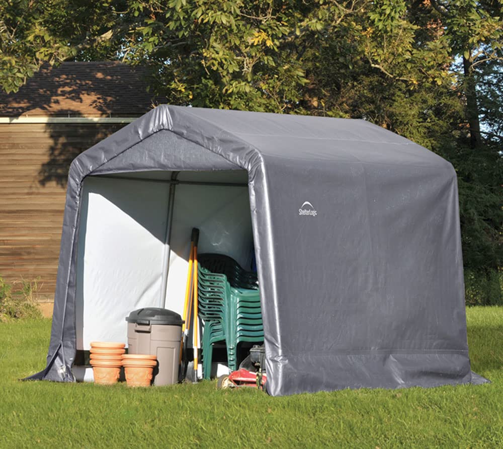ShelterLogic 8' x 8' Shed-in-a-Box All Season Steel Metal Frame Peak Roof Outdoor Storage Shed with Waterproof Cover and Heavy Duty Reusable Auger Anchors, Grey | Pull-Eaze Roll-Up Door Kit