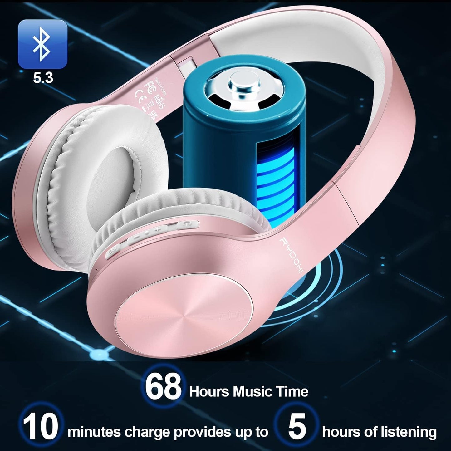 Rydohi 68H Headset 3EQ V5.3 Wireless Bluetooth Headphones Over Ear Playtime HiFi Stereo with Microphone and Modes