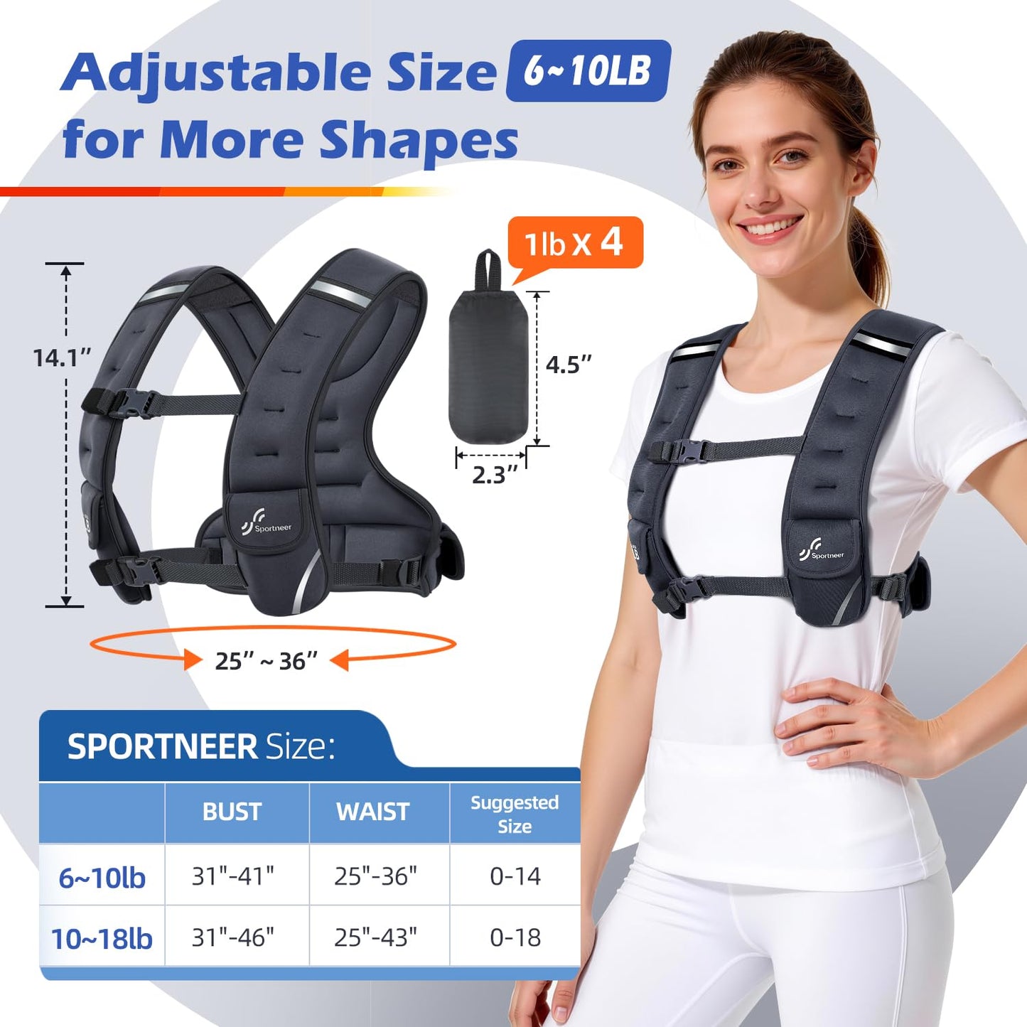Sportneer Adjustable Weighted Vest Woman: 6-10lb Weighted Walking Vest for Women with 4 Weight Packs Fast Adjust Comfortable Weight Vest for Home Gym Burn Calories Strength Training Vests Black