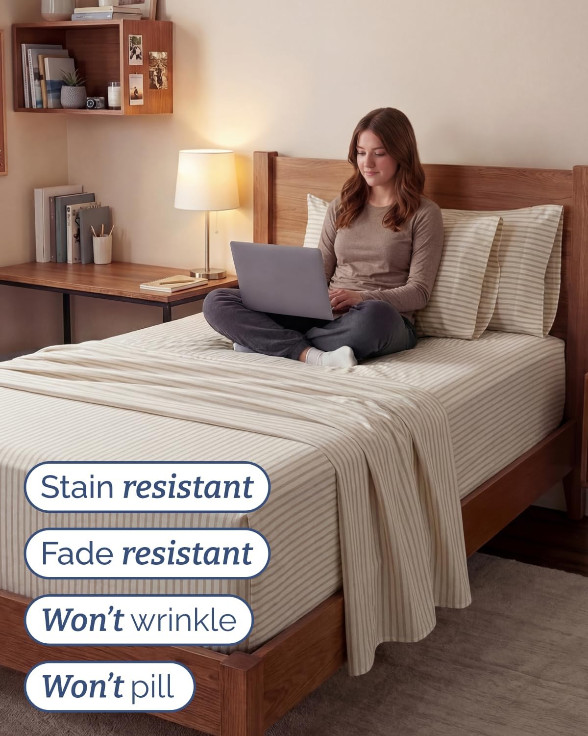 Skiennix Extra Deep Twin XL Sheet Set - 4-Piece Breathable Cooling Bedding - Soft Wrinkle-Free Beige Stripes