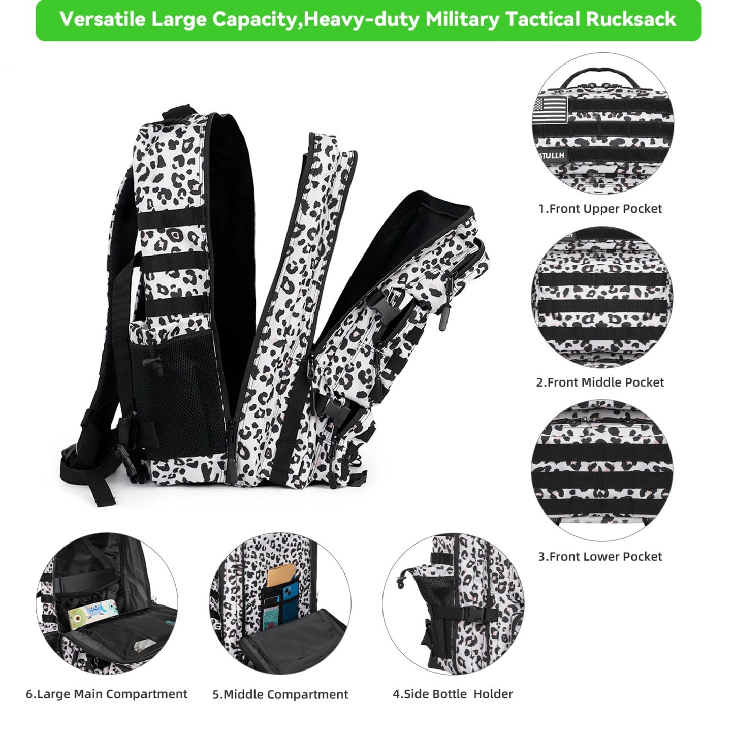SEYATULLH Military Tactical Backpack 55L for Men & Women Bug Out Bag Assault pack Molle Daypack Hiking Trekking Rucksack (Leopard print color)