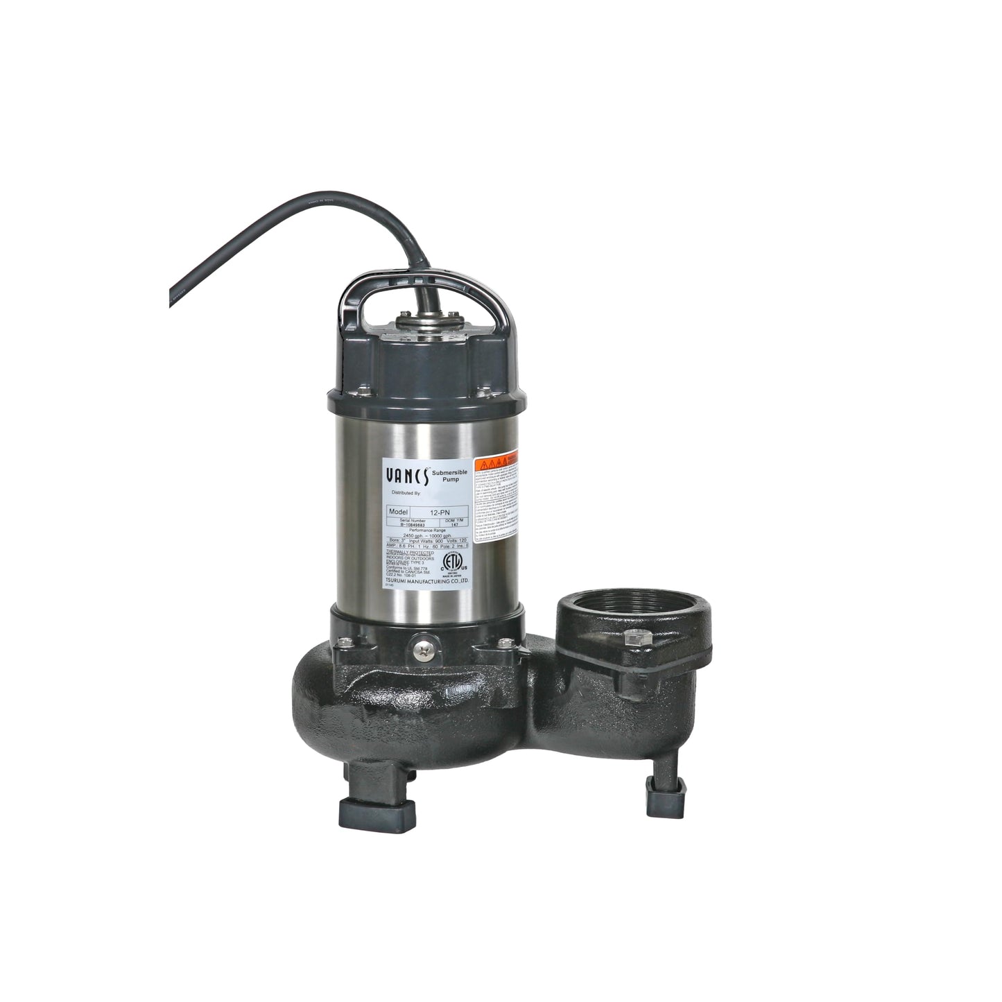Tsurumi Pump 12PN | Submersible Pond Pump/Waterfall Pump | 1 HP, 115V, 3 in Discharge | Low Head/High Volume Water Pumps Ideal for: Water Features, & Formal Fountains | 133 GPM / 8000 GPH