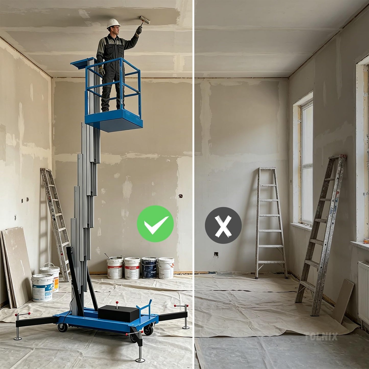 Electric Scaffolding Platform Lift, Aluminum Alloy Mobile Man Lift with Manganese Steel Support Arms, 1.1m Detachable Guardrail, 13ft-46ft Hydraulic Lifting Platform for Warehouse Construction