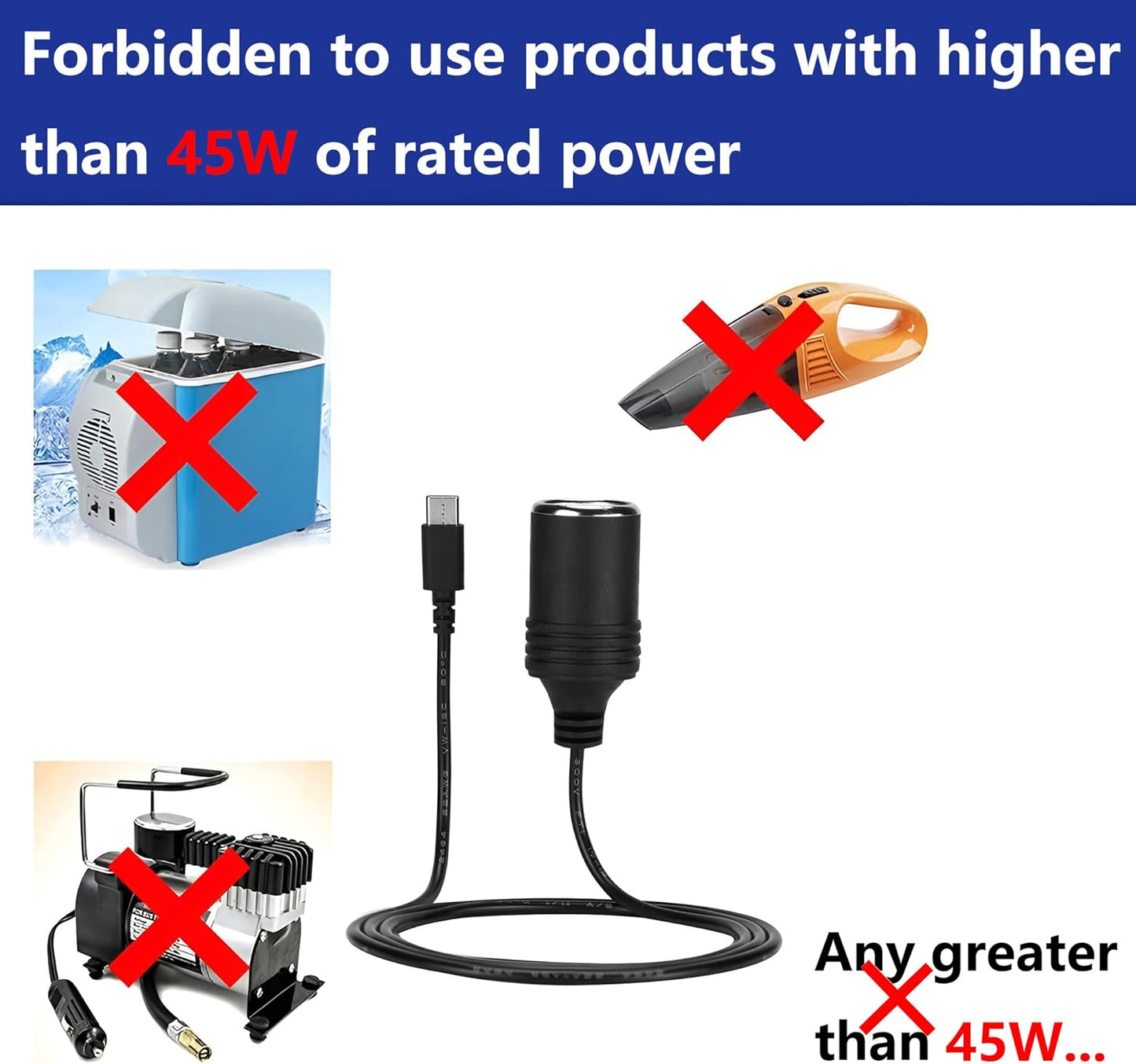 MeetUs 12V 45W~65W USB Type-C Male Plug to Car Cigarettes Adapter Female Socket PD Power Cable,Work with PD USB C