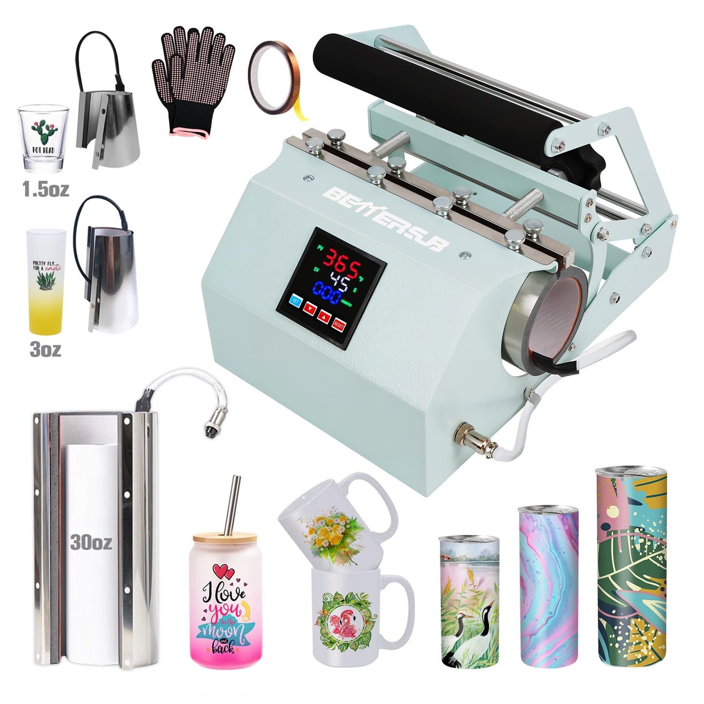 BetterSub 3in1 Tumbler Mug Heat Press Machine 30 OZ 20 OZ 16 OZ Sublimation Straight Skinny Tumbler Mug 3 OZ 1.5 OZ Shot Glass,11 OZ 15 OZ 16 OZ Sublimation Mug Heat Transfer (3in1 Teal)