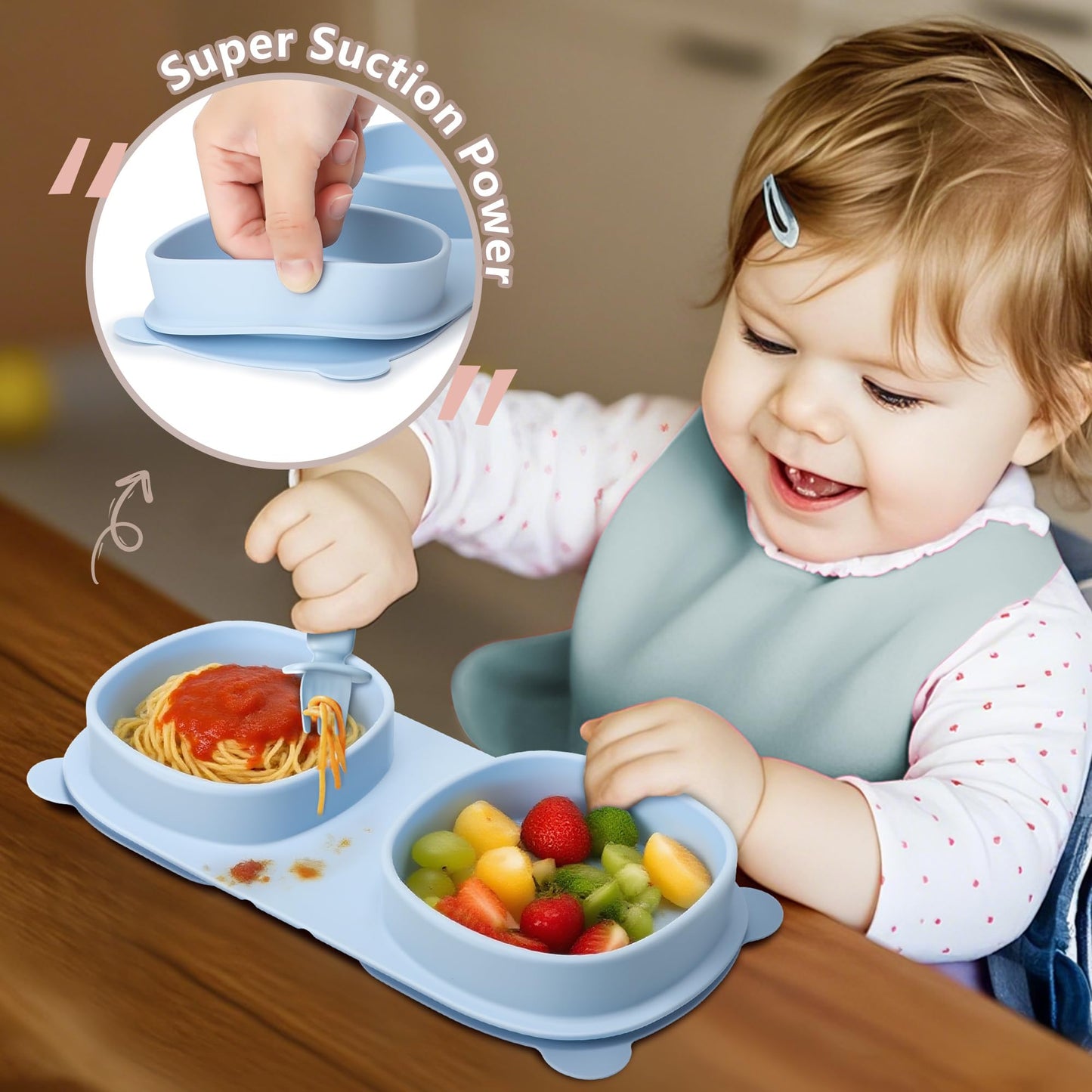 yahaa Baby Plates with Suction with Forks and Spoons, Foldable Silicone Toddler Plates, Baby Travel Essential, Microwave & Dishwasher Safe, Baby Blue