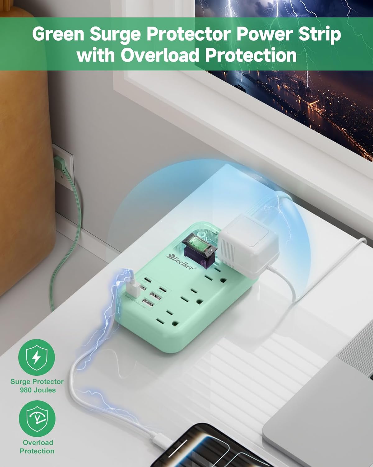 Beeiker 6 5Ft 4.8A 2 4 24W USB Green Travel Power Strip- Green Extension Cord with USB C Charging Station and Outlets