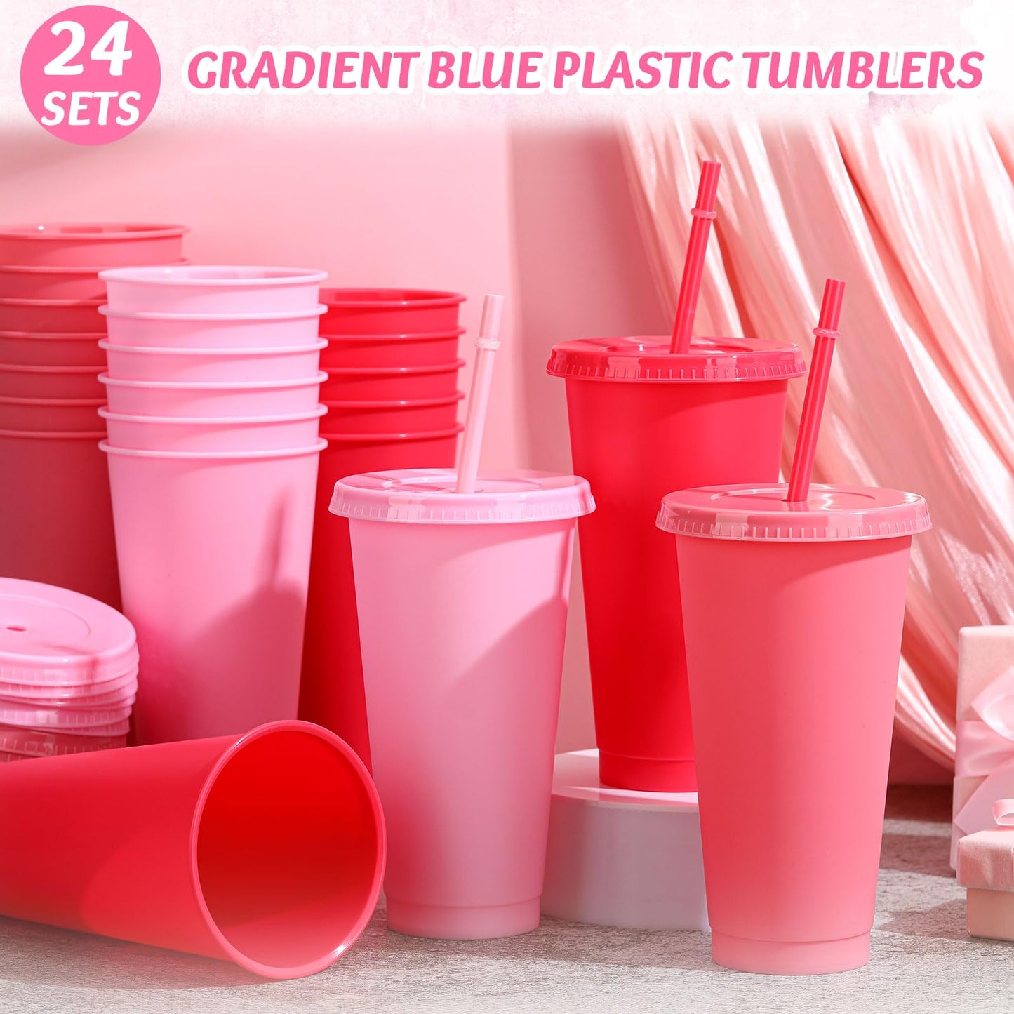 Skylety 24 Pcs Hot Pink Plastic Cups with Lids and Straws 24 oz Hot Pink Reusable Tumbler Party Supplies for Drinks Cups Bulk for Wedding Bridal Baby Shower Birthday