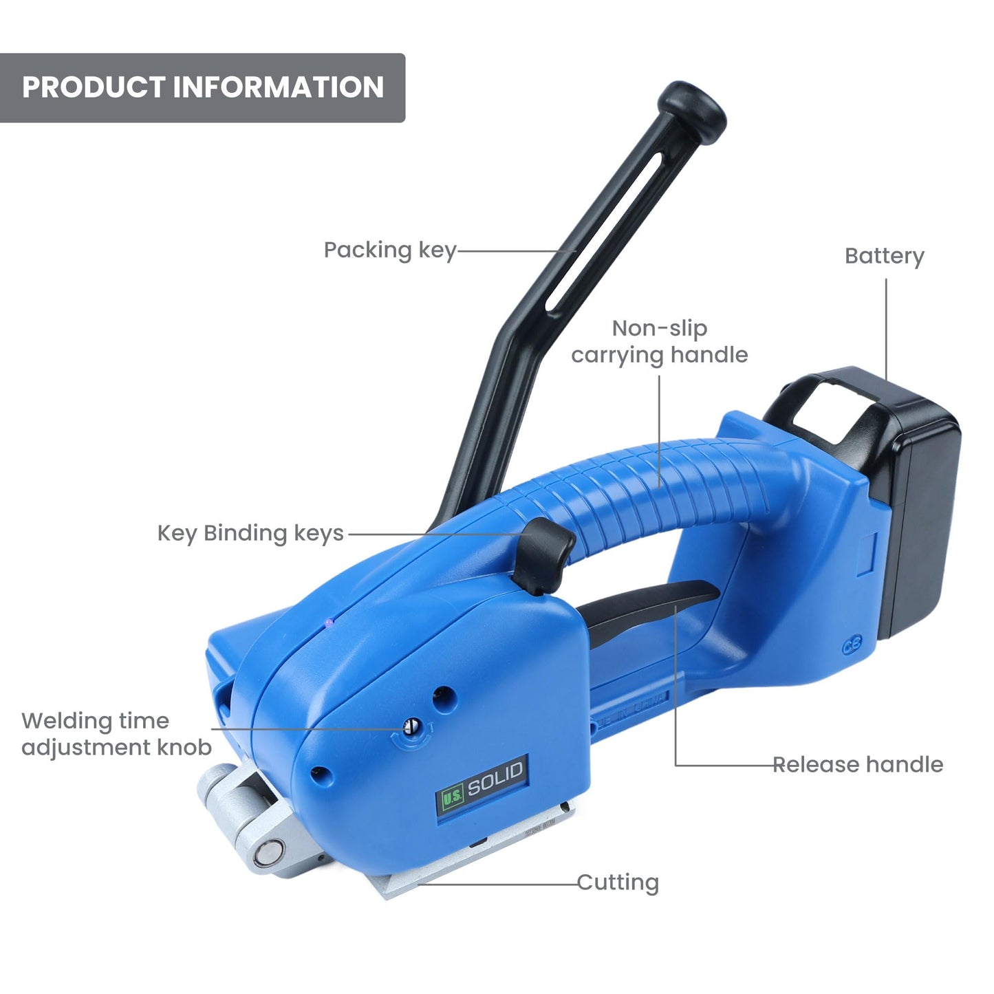 U.S. Solid Electric Strapping Machine, Handheld Semi-Automatic Banding Tool for 1/2"-5/8" PP&PET Straps, Adjustable Tension, 2x 3000mAh Rechargeable Batteries, Cordless Pallet Baler for Medium Package