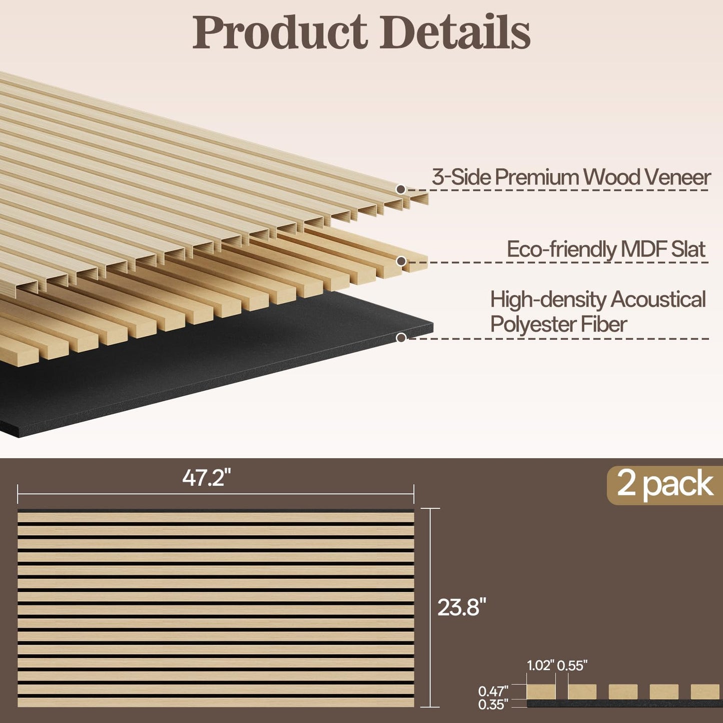 2 Pack Wood Panels for Wall, 47.24" x 23.81" Acoustic Wood Slat Wall Panel for Interior Decor & Noise Reduction, Soundproof Wood Wall Panel, Sound Absorbing Wall Panels for Home Office Studio, Oak