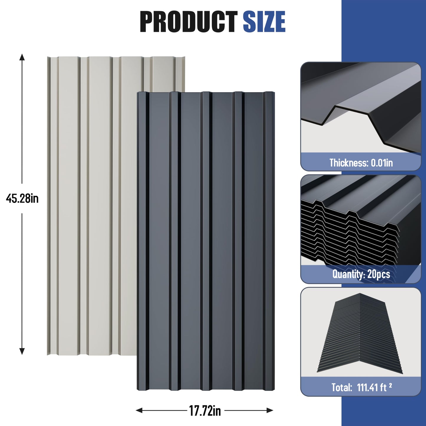 Brakki Metal Roofing Panels 20pcs 111 ft², L45.28"xW17.72" Grey Corrugated Galvanized Steel Roof Panels with Screw, Heavy Duty Metal Siding Suitable for Garages Chicken Coop Sheds Stables Patio