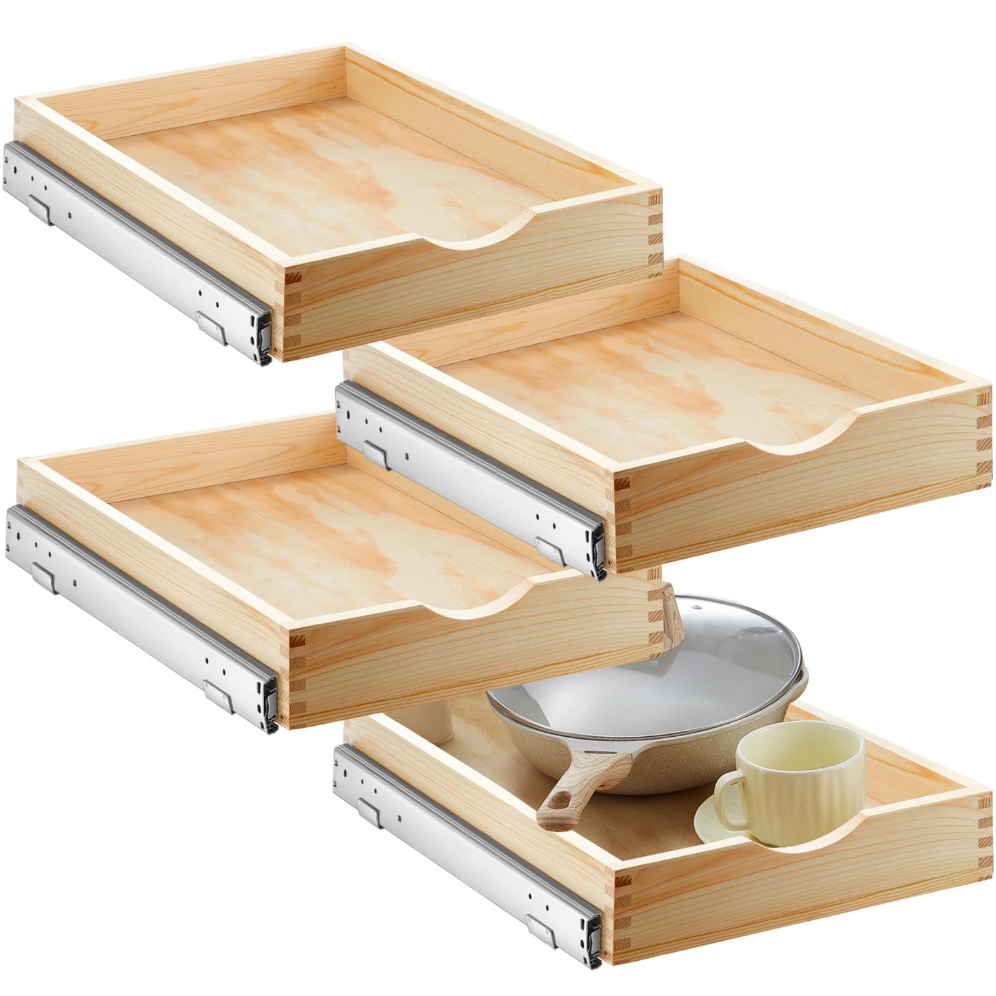 Sintuff 4 Pack Wooden Pull out Tray Cabinet Organizer Gentle Close Roll out Shelves for Kitchen Cabinets Fully Assembled Slide Pantry Shelves (15'' X 21'')