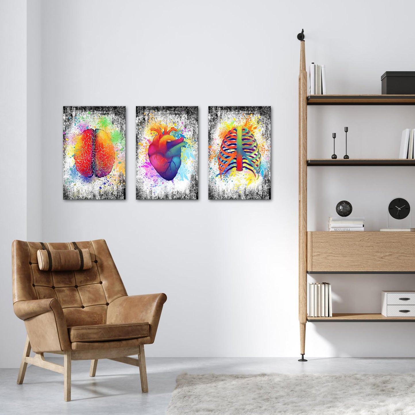 sechars Canvas Wall Art Human Brain Rib Cage Heart Painting Art for Medical Office Wall Decor Education Science Artwork Framed Gifts for Students Doctors (16x24inchesx3pcs)
