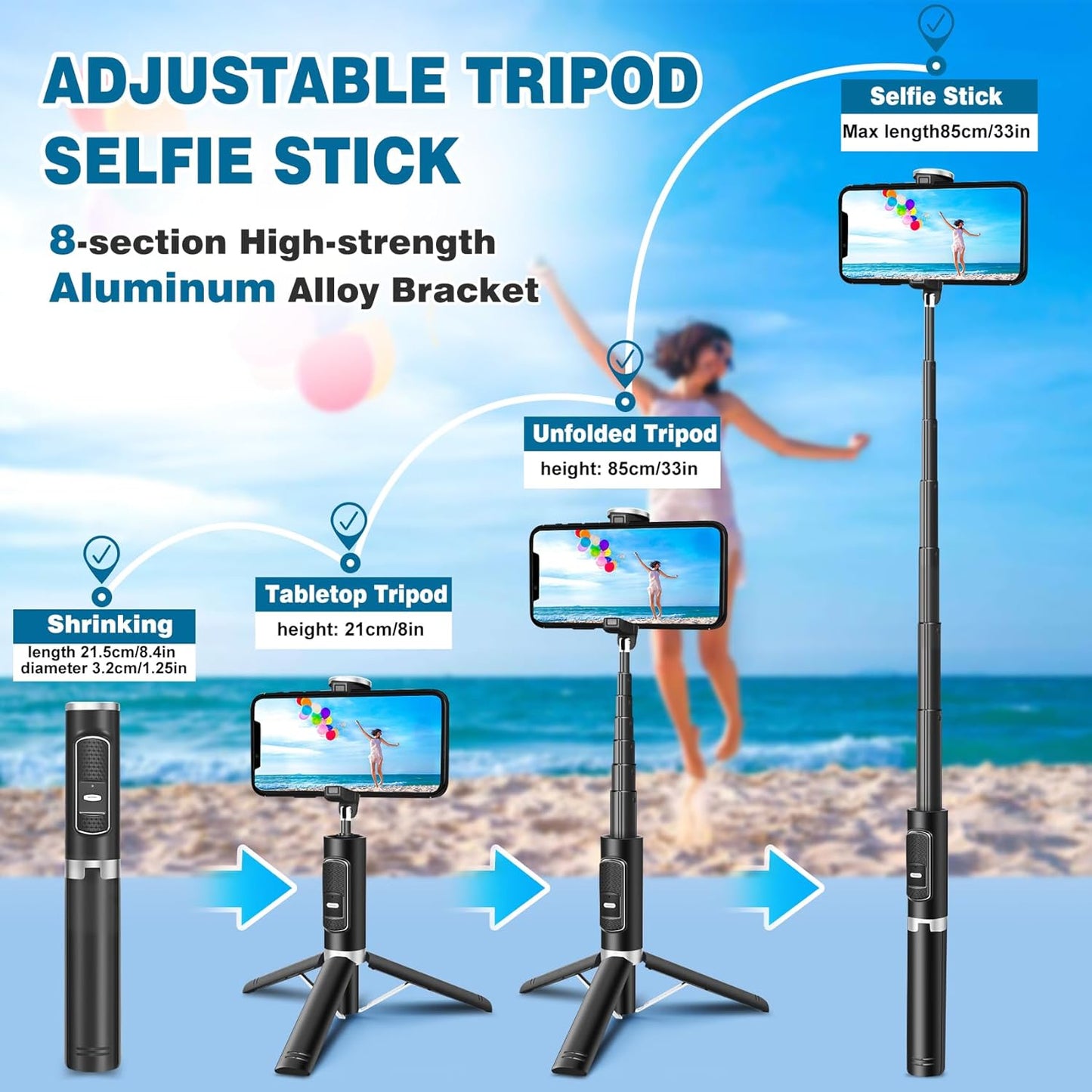Davidlinlin 3 1 4 7 inch in Phone Tirpod, Selfie Stick and Phone Holder, iPhone Tripod with Remote Control, Lightweight